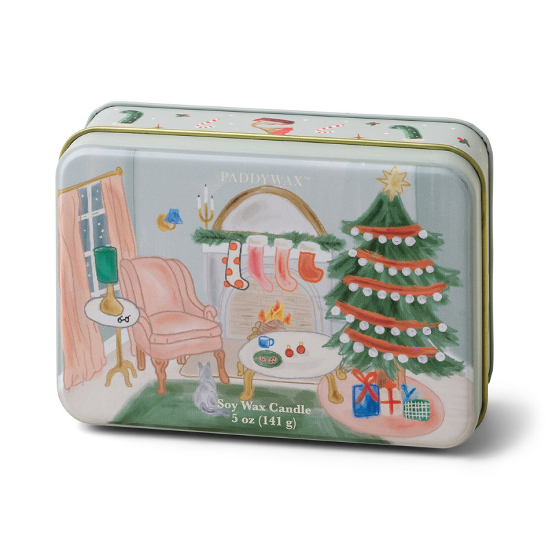 Bougie de Noël en boîte métallique – 141 g – Salon : Kaki & Châtaigne
